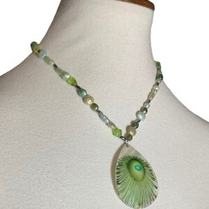 Vintage Shell Collar Necklace with Handpainted Green Peacock Feather Pendant